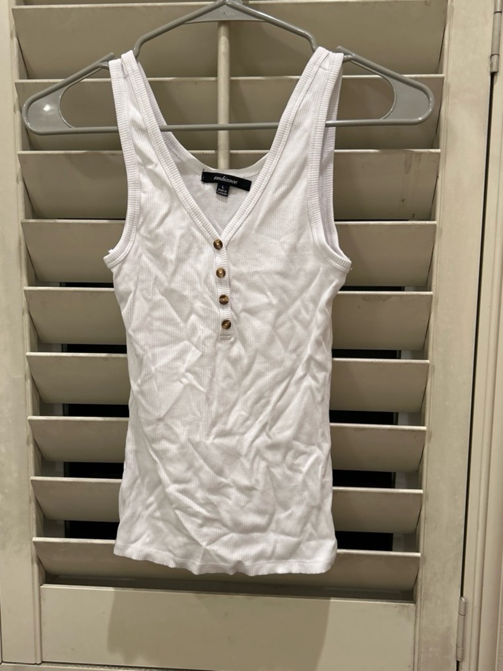 Ambiance White Ribbed V‑Neck Tank with Button Placket